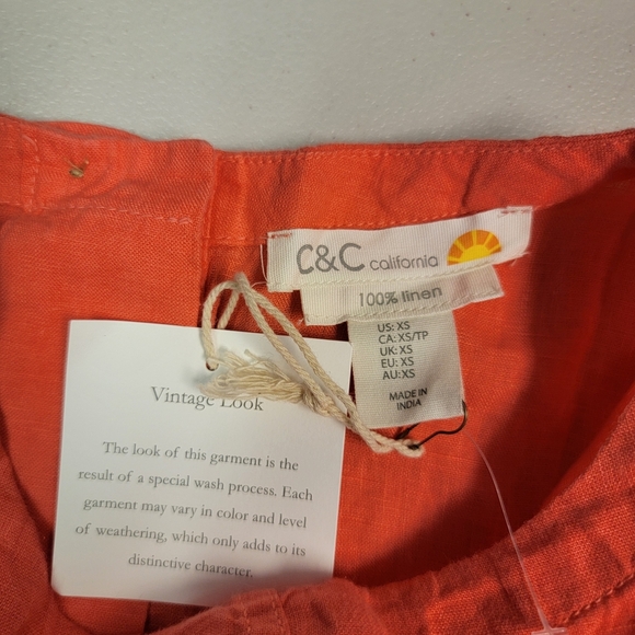 C&C California Orange Scoop Neck Short Sleeve Button Back Linen Top size XS - Picture 3 of 6